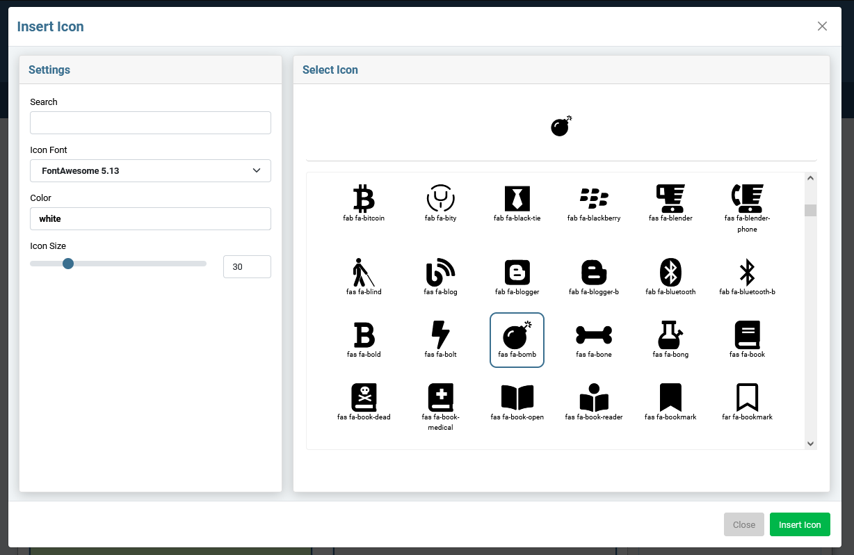 Insert Icon pane of the Sandhills Editor